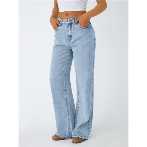 Women Wide Straight Leg High Waisted Jeans Light Blue - Picture 3 of 5